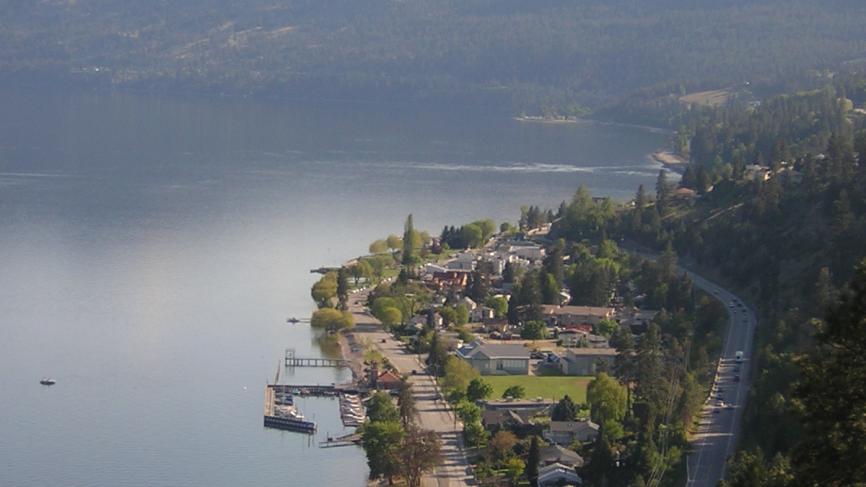 Aerial view of Peachland's shoreline.