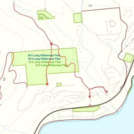 Map of W.A. Lang Wilderness Park. The park is highlighted in green.