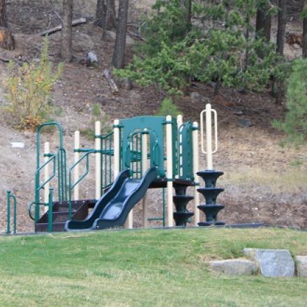 Green jungle gym situated on top of a hill.