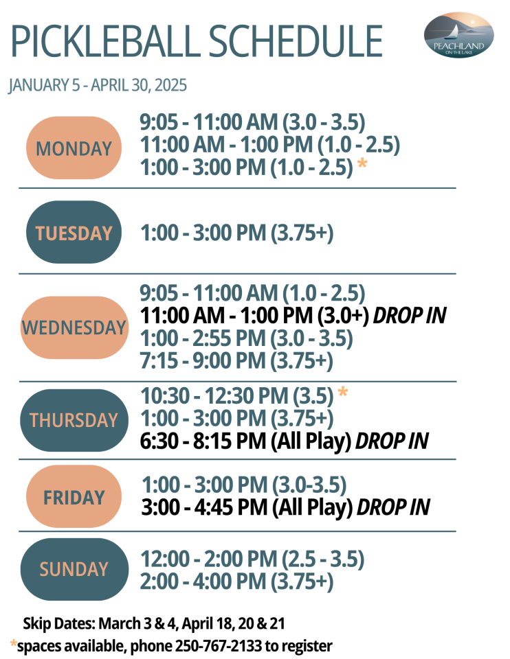 Pickleball schedule winter 2025