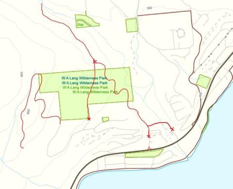 Map of W.A. Lang Wilderness Park. The park is highlighted in green.