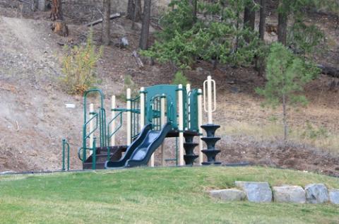 Green jungle gym situated on top of a hill.