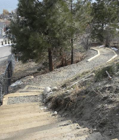 Gravel trail leading to steps. There are trees surrounding the trail.